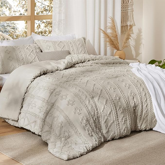Bedsure Tufted Boho Comforter Set California King Size - Linen Boho Bed Set, GentleSoft™ 3 Pieces Farmhouse Shabby Chic Embroidery Bedding, Gifts for Woman, Soft Jacquard Comforter for All Seasons