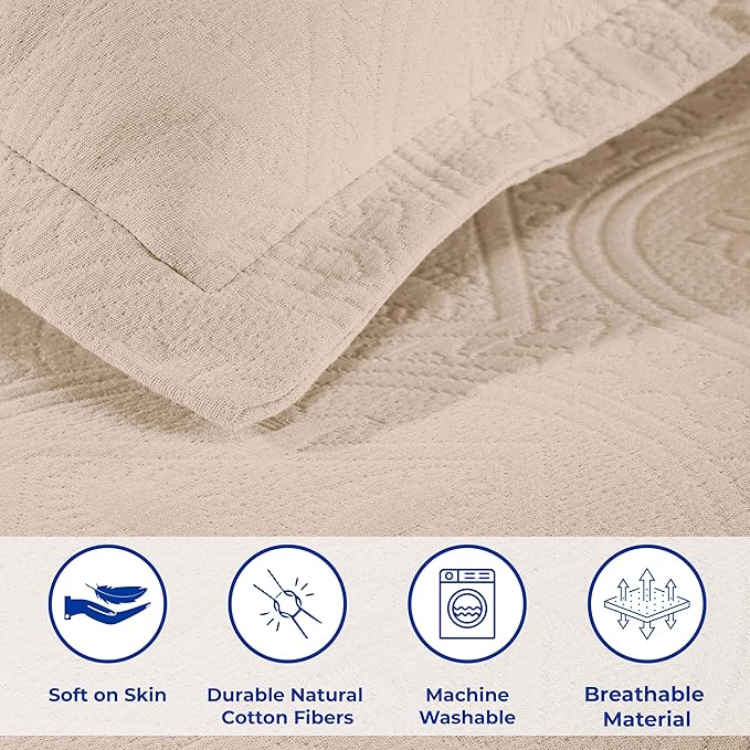 Superior 2 Piece Celtic Circles Cotton Bedspread Set, Decorative Bed Spread, Home Bed Decor, 1 Pillow Sham, Medium Weight Blanket, Matelasse Coverlet Bedding, Wedding Ring Design, Twin, Bisque