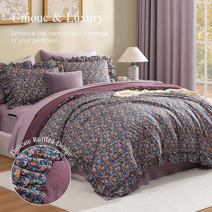 Full Comforter Set - 7 Pieces Ruffle Purple Ditzy Bedding Sets, Shabby Chic Farmhouse Bed in a Bag with Ruffle Comforter, Sheets, Pillowcases & Shams