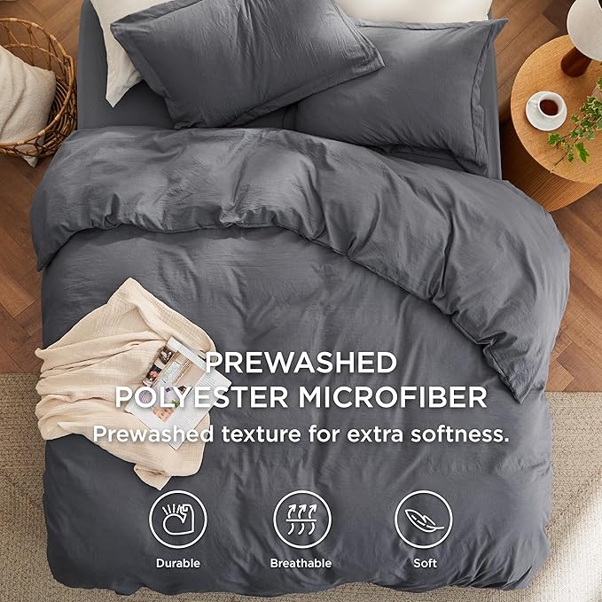 Bedsure Duvet Cover Full Size with Fitted Sheet - 4 Pieces Prewashed Cotton-Like Polyester Extra Soft Bedding Set, Includes 1 Duvet Cover 80x90 Inches, 2 Pillow Shams, 1 Fitted Sheet, Dark Grey