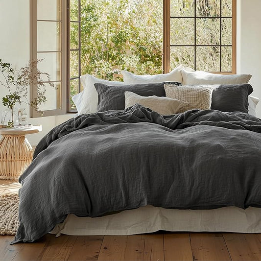 Bedsure 100% Muslin Cotton Duvet Cover King Size - Ultra-Soft, Breathable & Lightweight - Linen Like Gauze Comforter Cover Set with Button Closure and Corner Ties (Dark Grey, King, 104"x90")
