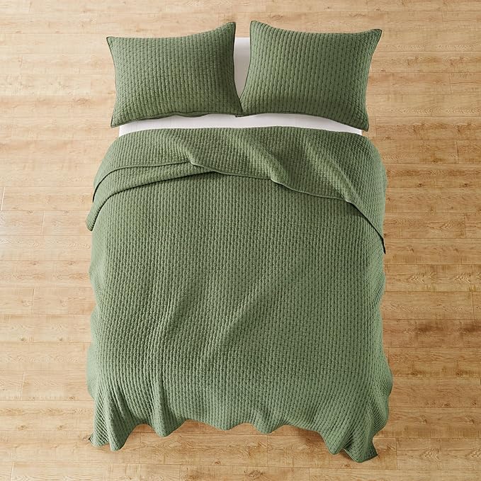 Levtex Home Cross Stitch Reversible Twin Bedspread Set (84x104in) with 1 Pillow Sham (26x20in) - Stitch Texture - Forest Green - Cotton Twin Size Bedspread Set - Lightweight, Soft, Pre-Washed