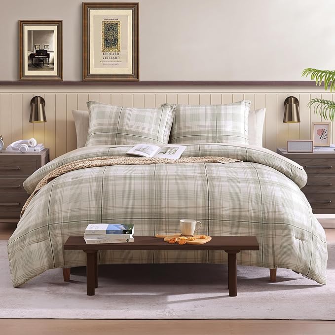 Twin XL Comforter Set, Khaki Green Plaid Bedding Set 5 Piece for Boys Girls Teen, Classic Homestead-Style Kids Comforter Set Bed in A Bag with Sheets, Pillowcase & Sham