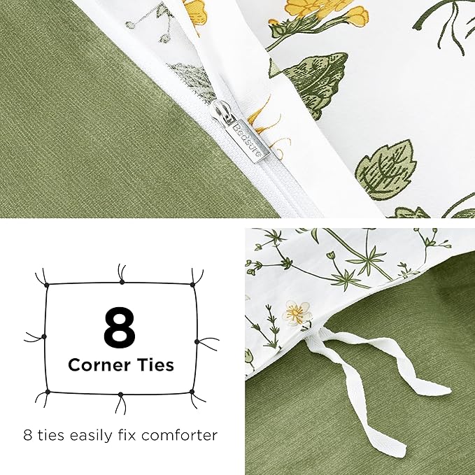 Bedsure Duvet Cover Full Size - 100% Cotton Reversible Floral Full Duvet Cover Set with Zipper Closure, 3 Pieces Soft & Breathable Green Bedding Set with 2 Pillow Shams 20"x26"
