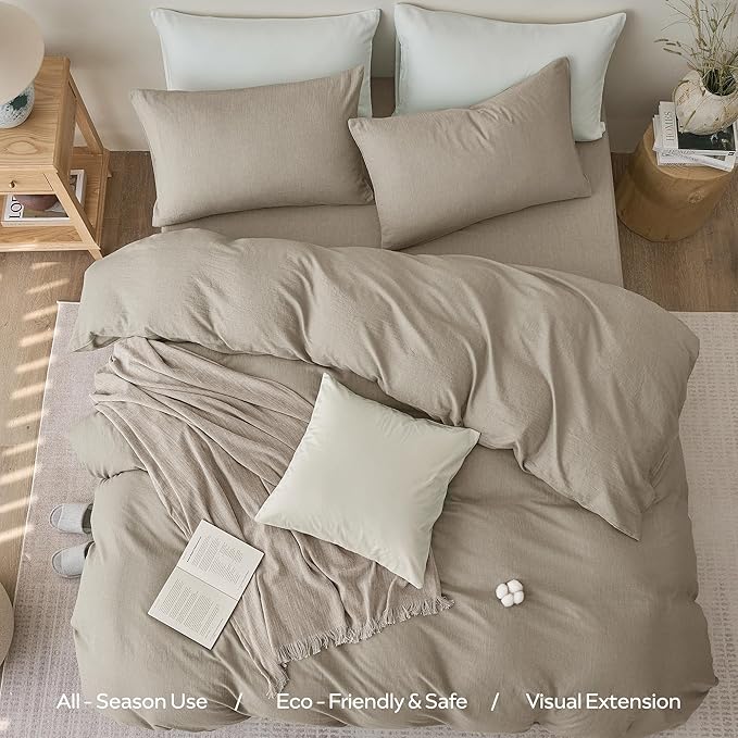 JELLYMONI Washed Cotton Duvet Cover Set Queen Size, Taupe - Super Soft & Breathable Bedding Comforter Cover with Zipper, for Modern Home, Guest Room, and Everyday Use,1 Duvet Cover & 2 Pillowcases