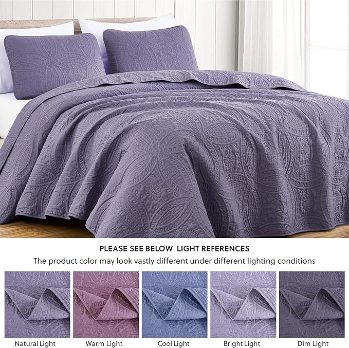 Chezmoi Collection Austin Queen Oversized Bedspread Set, 3-Piece Pinsonic Quilted Lightweight Microfiber Bedspread Coverlet, Dusty Purple