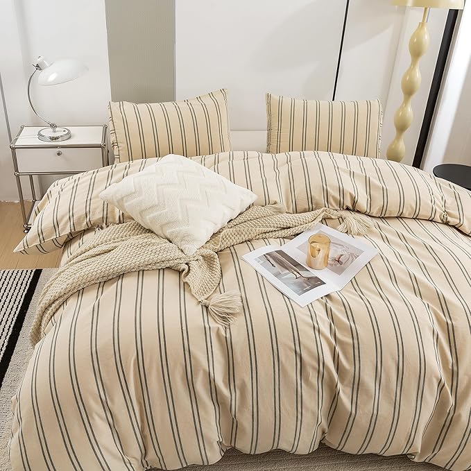 ECOCOTT Duvet Cover Oversized King Size - Linen Feel Organic Natural 100% Washed Cotton, Soft Breathable & Durable Bedding Set, Comfy Stripe Design for All Seasons