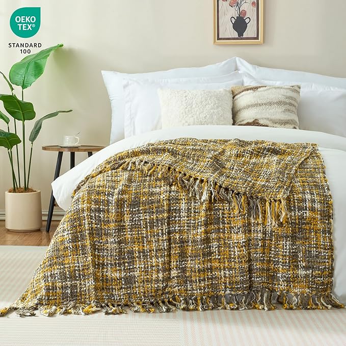 Multi-Color Gold Cable Knitted Throw Blanket for Couch,60"X80" Boho Style Textured Blankets for Home Decor,Super Soft Warm Cozy Chunky Knit Blanket with Decorative Tassels for Bed and Sofa