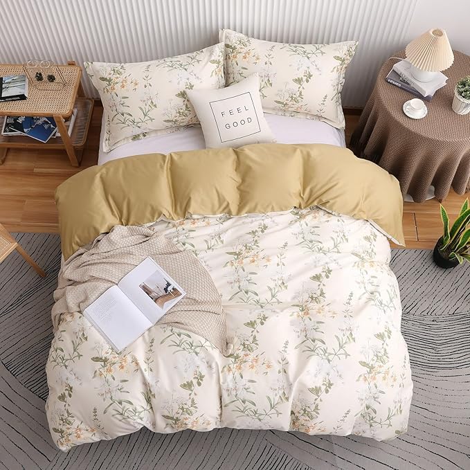 OAITE Duvet Cover Set Twin Size Floral Pattern 600 Thread Count Ultra Soft 100% Long Staple Cotton Duvet Cover Sets 3-PC, Breathable Duvet Cover with Zipper Closure & Corner Ties