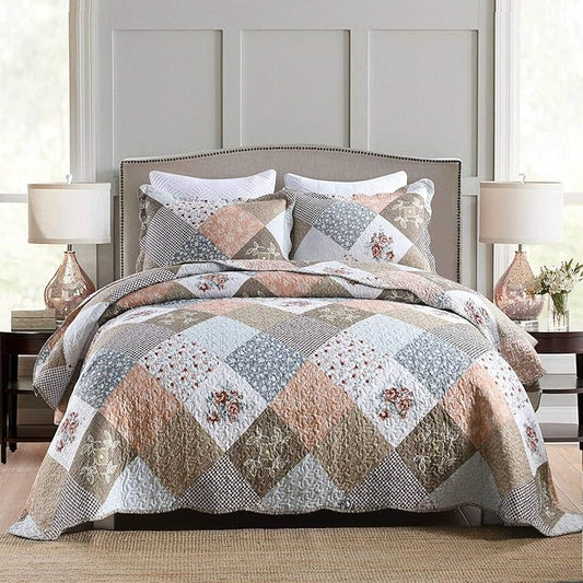 HoneiLife Quilt Set Twin Size - 2 Piece Microfiber Quilts Reversible Bedspreads Patchwork Coverlets Floral Bedding Set All Season Quilts with Geometric and Little Rose Print Pattern，Coffee