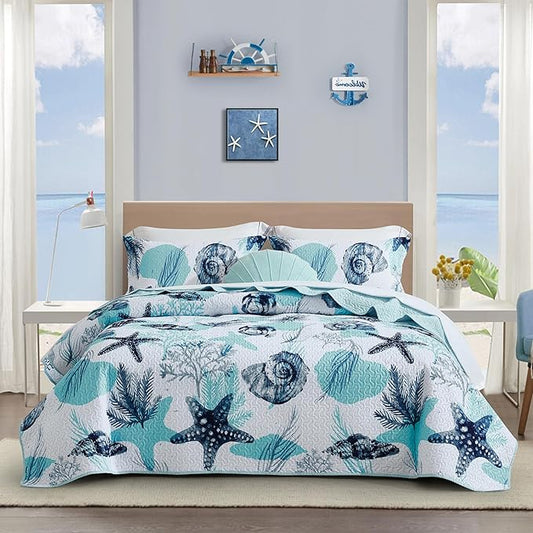 Tritard 3 Piece Coastal Full/Queen Quilt Sets Nautical Reversible Lightweight Bedspread Coverlet with 2 Shams Blue Starfish Conch Beach Microfiber Bedding Quilt Set for All Season, 90''x96''