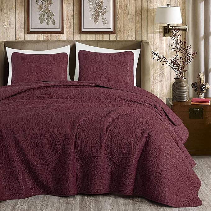 Chezmoi Collection Austin 3-Piece Oversized Bedspread Coverlet Set (Queen, Burgundy)
