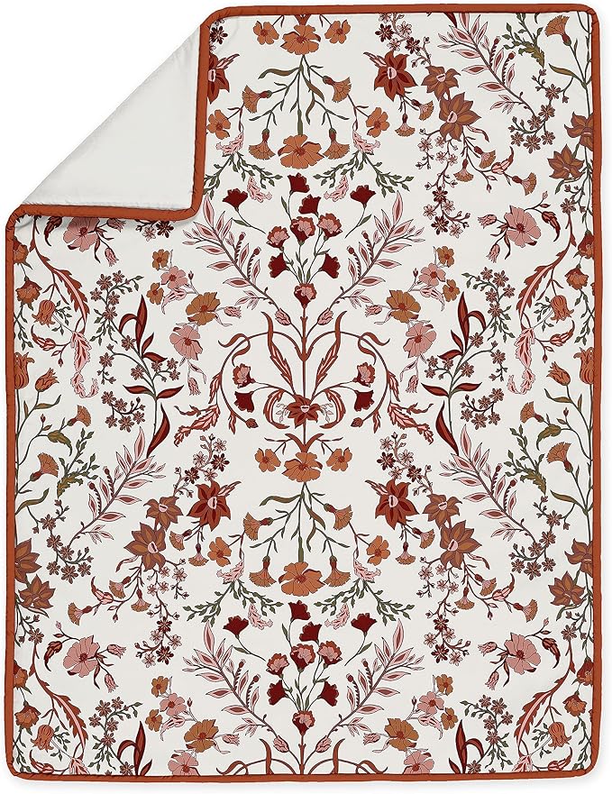 Sweet Jojo Designs Ivory and Orange Boho Vintage Floral Girl Baby Crib Bedding Set Infant Nursery Room Blanket Fitted Sheet Skirt Diaper Stacker 4p Bohemian Rust Daisy Botanical Green Fringe Tassel
