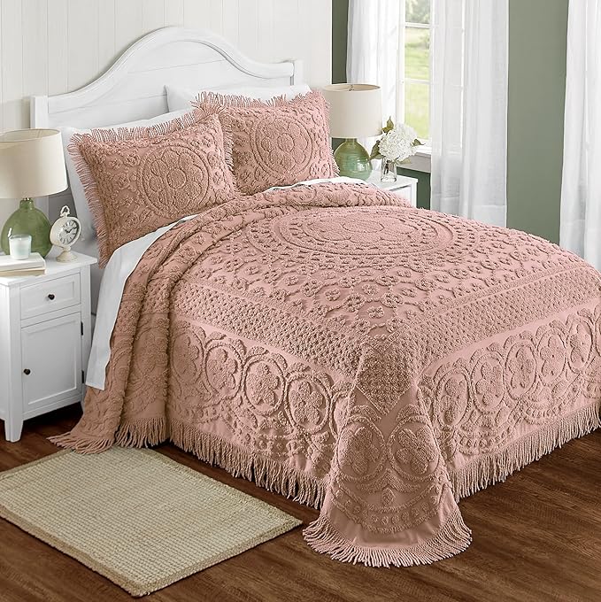 Montgomery Ward Emily Floral Chenille Bedspread, Soft Cotton Comforter, King Size Quilt in Blush - Luxury Hotel Bedding, King Bedspread (Blush, King)