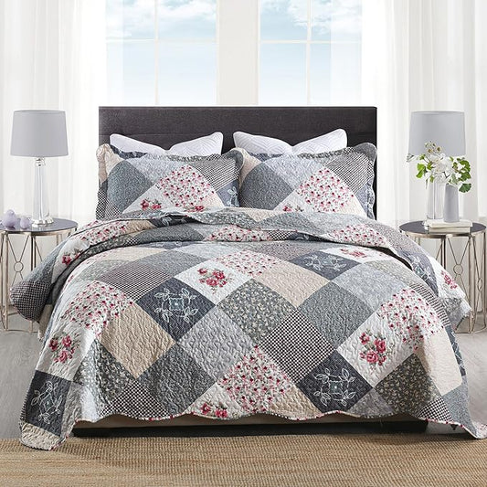HoneiLife Quilt Set Queen Size - 3 Piece Microfiber Quilts Reversible Bedspreads Patchwork Coverlets Floral Bedding Set All Season Quilts-Grey Rose,Queen/Full Size