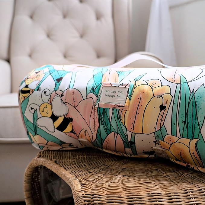 JumpOff Jo Extra Long Nap Mat for Kids - Cozy Kids Rest Mat with Removable Pillow and Ultra Soft Blanket for Preschool, Daycare, and Sleepovers - Tulip Fields
