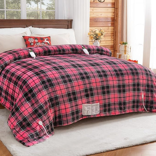 Pink Heated Blanket Electric, Queen Size 84X90, 10 Heat Levels/8 Hours Auto Off/Dual Control for Bed, Blue Plaid Checkered Sherpa Blanket Warmer for Adult, Washable Gift