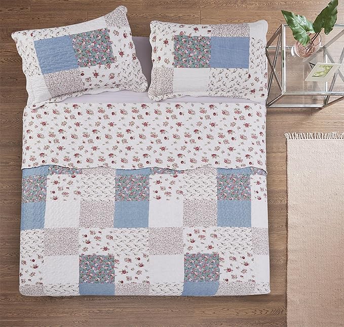 Brilliant Sunshine Pink Rose with Small Blue Check Patchwork, 3-Piece Quilt Set with 2 Shams, Reversible Bedspread, Soft Lightweight Coverlet, All-Season, King, Pink Blue