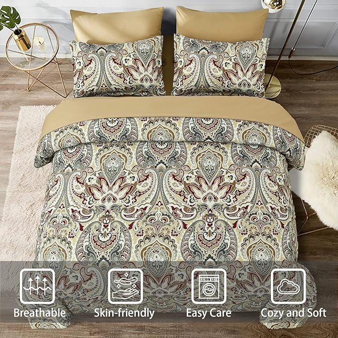 Boho Comforter Set King, 7 Pieces Bed in a Bag Comforter Boho Paisley Pattern Bedding Set Soft Microfiber King Size (1 Khaki Comforter, 1 Flat Sheet, 1 Fitted Sheet, 2 Pillow shams, 2 Pillowcases)