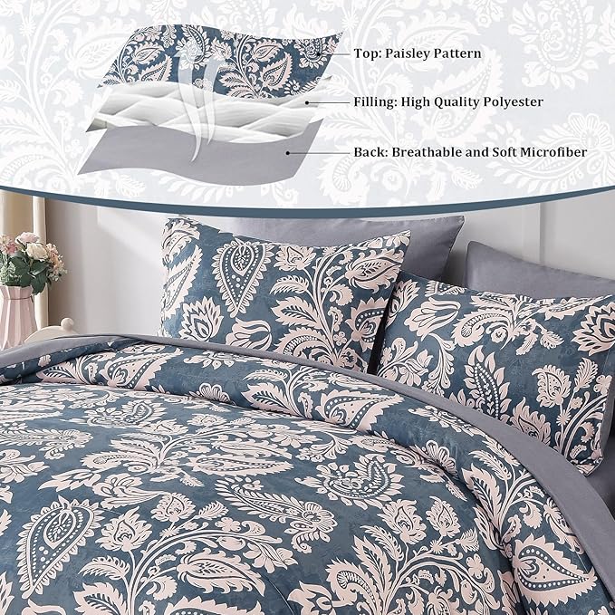 Drucon Paisley Comforter Set King, 7 Pieces Bed in a Bag Boho Comforter Bedding Soft Microfiber King Size Navy Blue Comforter with Sheet & Pillowcases