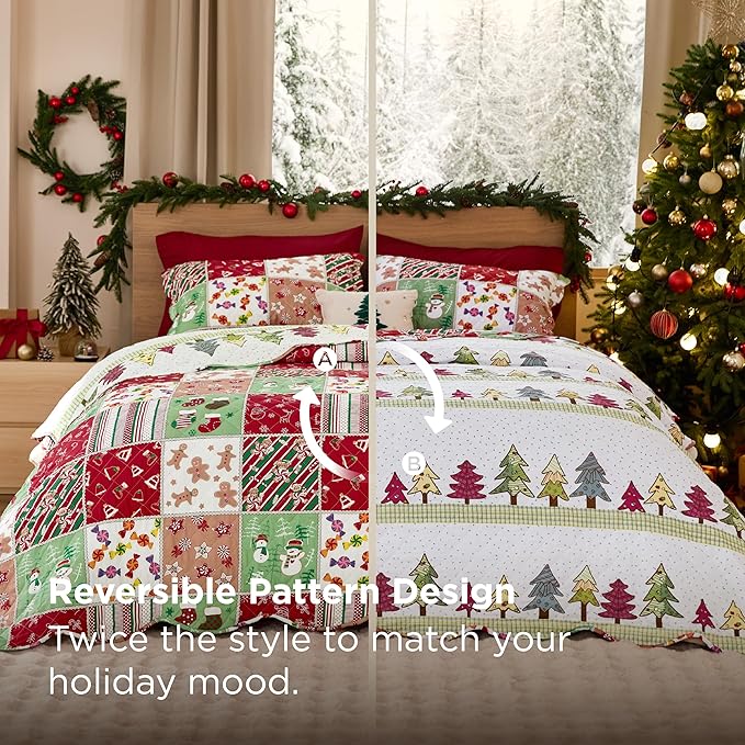 Bedsure Christmas Quilt Queen Size - Red Quilts for Queen Size Bed, Multicolor Patchwork Printed Pattern Christmas Bedding, Soft Lightweight Coverlet Bedspread (90"x96")