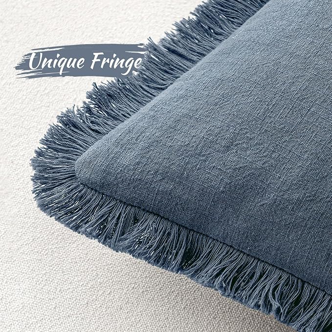 MIULEE Decorative Throw Pillow Covers Neutral Linen Fringe Throw Pillows Set of 2 Blue Ashes Boho Farmhouse Cushion Covers with Tassels for Couch Sofa Bed Spring Home Decor 22x22 Inch