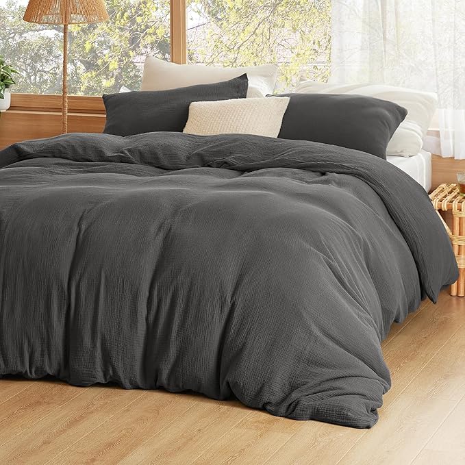 Bedsure 100% Muslin Cotton Duvet Cover King Size - Ultra-Soft, Breathable & Lightweight - Linen Like Gauze Comforter Cover Set with Button Closure and Corner Ties (Dark Grey, King, 104"x90")