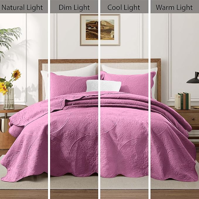 IR Imperial Rooms California King Quilt Bedding Set Size (118"x106") + 2 Pillow Shams (20" x 36"+ 2") - 3 Pcs All Season Reversible Microfiber Coverlet Embossed Floral Quilt Bedspread (Purple)