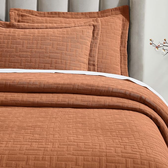 Superior 3 Piece Cotton Bedspread and Sham Set, Home Bed Decor, Decorative Bed Spread, 2 Pillow Shams, Medium Weight, Matelasse Coverlet, Bedding Essentials, Madrid Collection, Queen, Burnt Orange