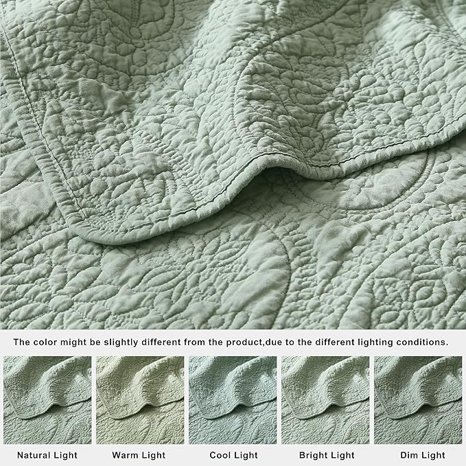 PALASSIO Sage Green Paisley 100% Cotton Quilt King Size Bedding Sets with 2 Pillow Shams, Boho Floral Lightweight Farmhouse Country Vintage Soft Bedspread Shabby Chic Coverlet for All Season, 3 Pieces