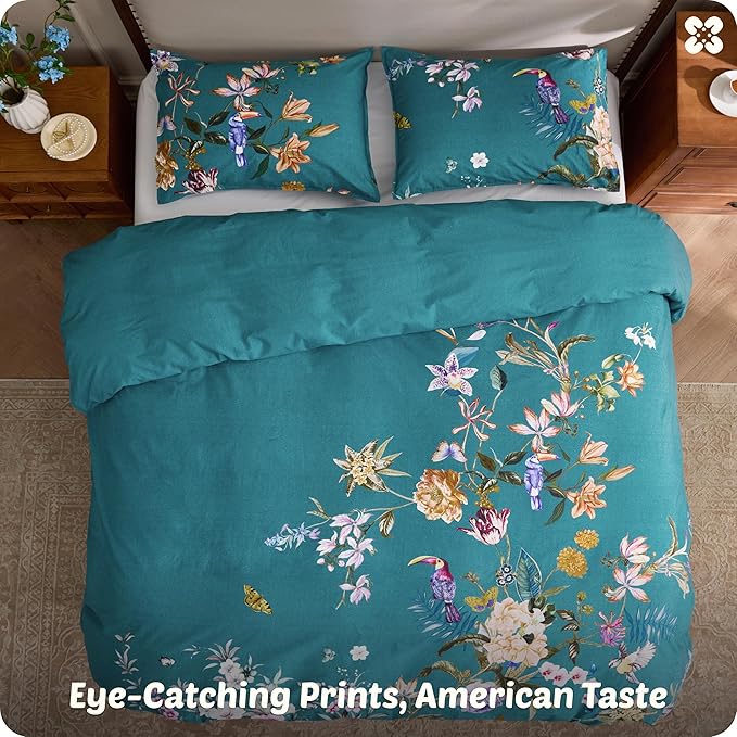 Bedsure 100% Cotton Reversible Chinoiserie Floral Duvet Cover Queen Size - Vintage Teal Bird Printed Comforter Cover with Zipper Closure & 2 Pillow Shams, No Comforter (Chinoiserie Teal 90"x90")