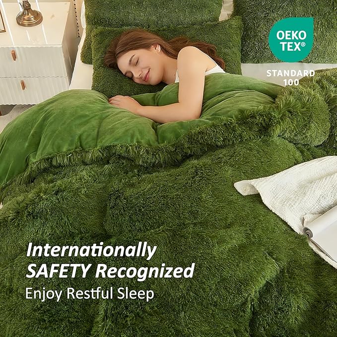 EMME Luxury Green Fuzzy Duvet Cover Set King Size 3 Pieces Fluffy Comforter Cover Set for King Bed Shaggy and Plush Soft Bedding Duvet Covers (Green, King)