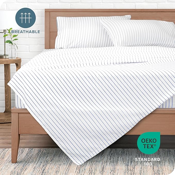 Bare Home Ultra-Soft Microfiber Split King Bed Sheets - Deep Pockets - Easy Fit - 5 Piece Set - Pinstripe (White/Marine)
