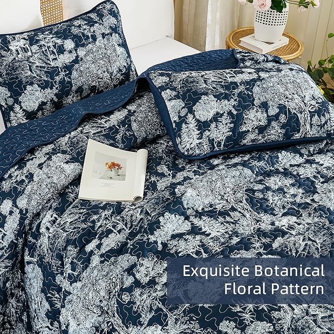 WONGS BEDDING Quilt Set King Size, 3 Pieces Navy Blue Botanical Floral Printed Bedspread Coverlet Set Soft Lightweight Toile Plants Bedding Set for All Season (104"x90")