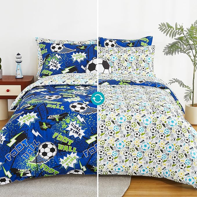 Mooreeke Kids Full Comforter Sets for Boys 8 Pieces Cool Football Bedding Set for Teens Microfiber Blue Green Soccer Kids Bed in A Bag with Comforter, Sheet Set, Shams and Decorative Toy Pillow