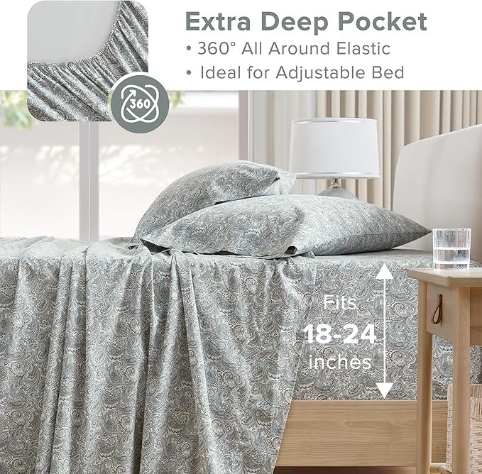 Comfort Spaces Extra Deep Pocket, 100% Cotton Queen Fits up to 24" Mattress, Breathable, Naturally Cool Cotton, Soft Cotton Sheets, All Seasons Sheet Set, Paisley 4 Piece