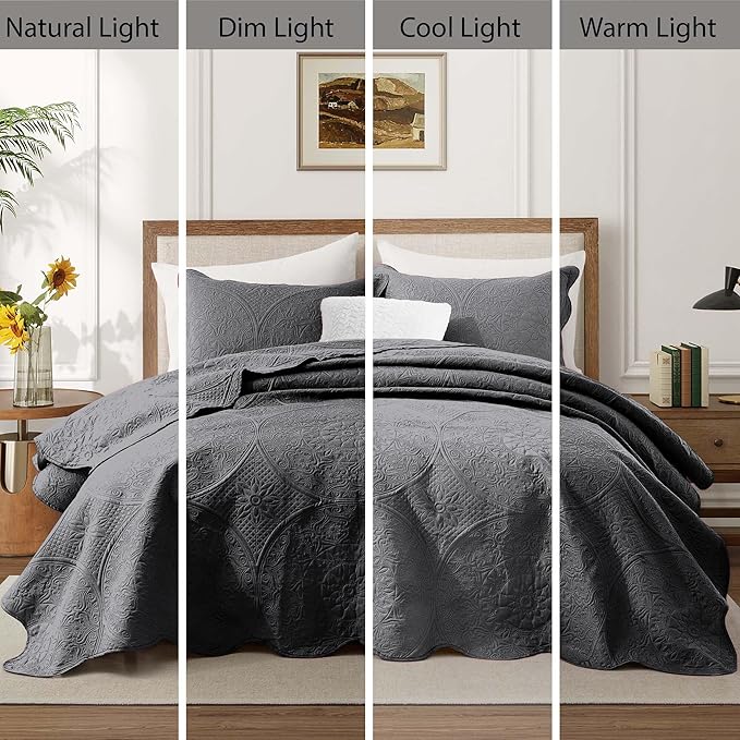 IR Imperial Rooms 8 Pack Quilt King Size Bedding (106" x 96") - Bulk Wholesale for Hotels, Guest Bedroom & Airbnbs - Lightweight Microfiber Reversible Floral Embossed Quilts Bedspreads (Charcoal)