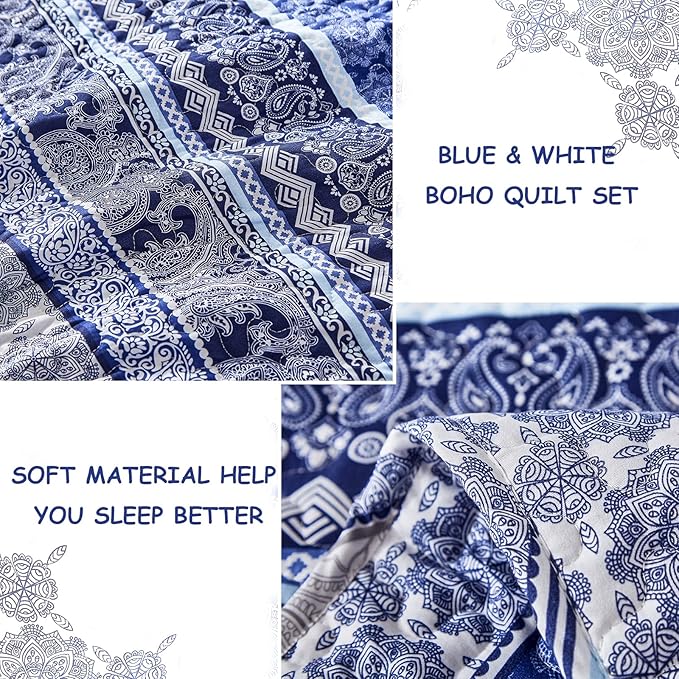 WONGS BEDDING Boho Quilt Set Queen Size, Blue Bohemian 3 Pieces Quilt Sets, Lightweight Bedspread Coverlet Bedding Set for All Season (96"x90")