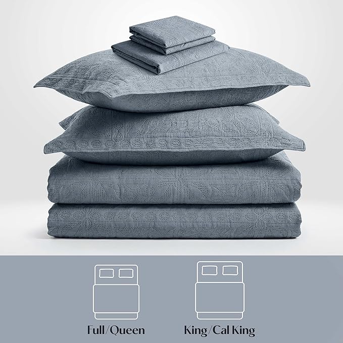 Hearth & Harbor Queen Quilt Set – All-Season Lightweight Bedspread & Coverlet with Pinsonic Weave - 7 Piece Queen Quilt Set with Pillow Shams, Steel Blue - Queen Grid