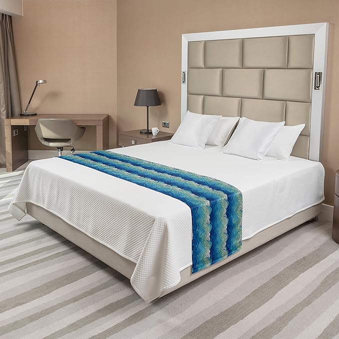 Lunarable Aquatic Bed Runner, Conceptual Ocean Themed Art Hand Drawn Waves Seascape Maritime, Decorative Accent Bedding Scarf for Hotels Homes and Guestrooms, Queen, Mint Green Pale Blue