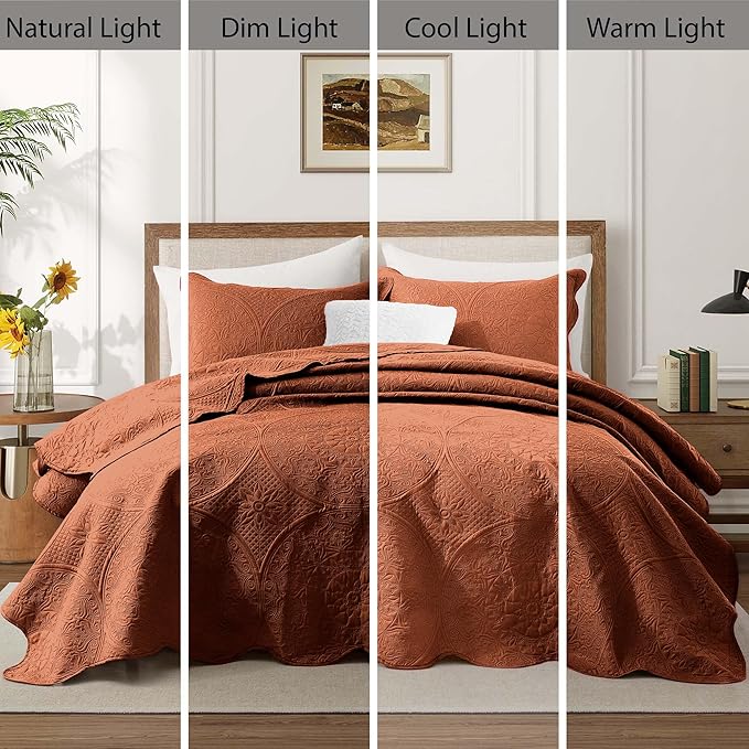 IR Imperial Rooms Twin Quilt Bedding Set Size (68” x 86”) + 1 Pillow Shams (20” x 26” + 2”) - 2 Pcs All Season Lightweight Reversible Microfiber Coverlet Floral Embossed Quilt Bedspread (Rust)