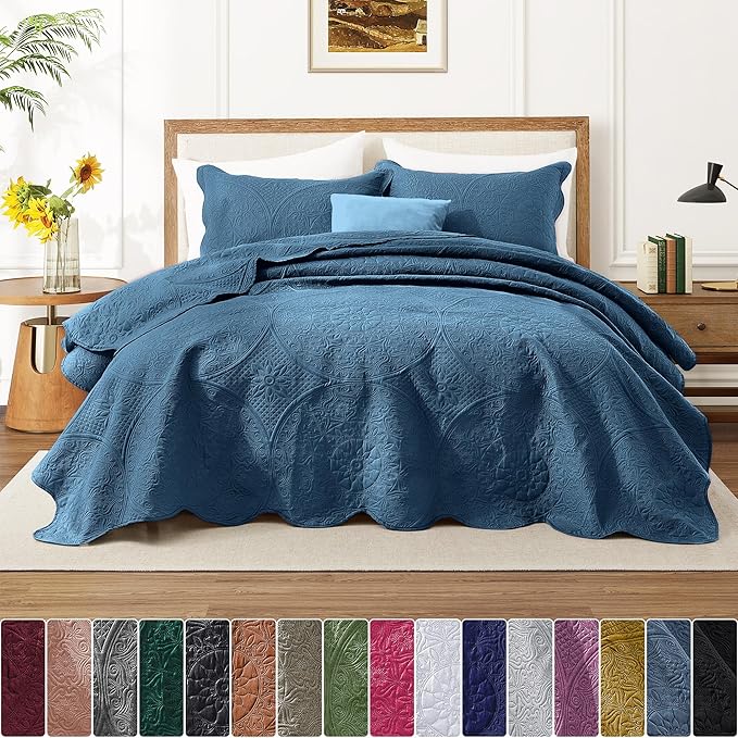 IR Imperial Rooms California King Quilt Bedding Set Size (118"x106") + 2 Pillow Shams (20" x 36"+ 2") - 3 Pcs All Season Reversible Microfiber Coverlet Embossed Floral Quilt Bedspread (Light Blue)