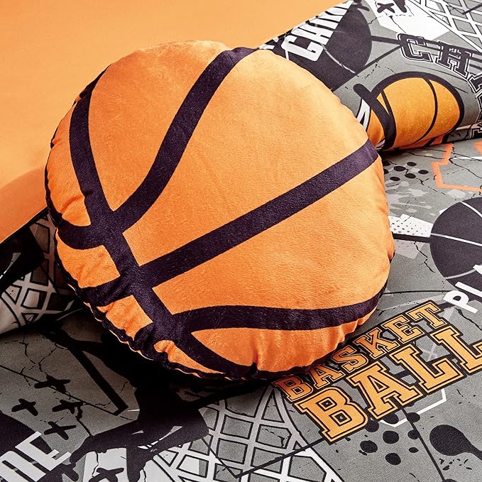 Chezmoi Collection 4-Piece Kids Bedding Comforter Set - Soft Microfiber Gray Orange Multi-Color Basketball Slam Dunk Sports, Full/Queen