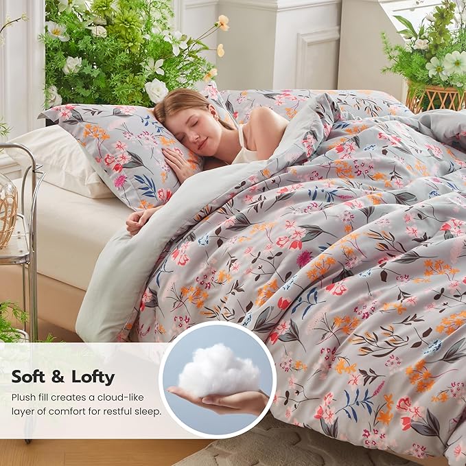 Joiedomi King Size Comforter Set Light Grey, 3 Pieces Floral King Bedding Set with 1 Soft Reversible Flower Comforter and 2 Pillow Shams, Bed in a Bag for All Seasons