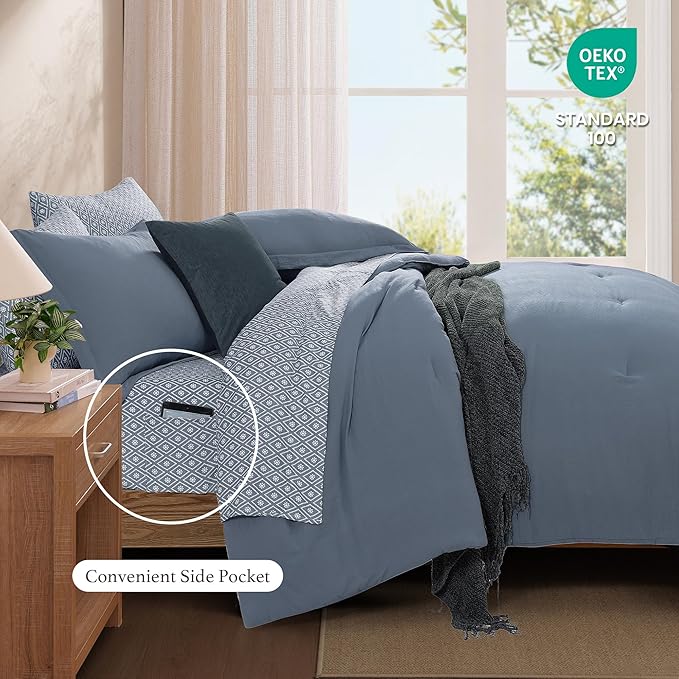 Monbix King Size Comforter Set - 7 Pieces Oxford Blue Prewashed Bed in a Bag King Bedding Sets with Comforters, All Seasons Ultra Soft Comforter Bed Set with Sheets,Pillowcases & Shams