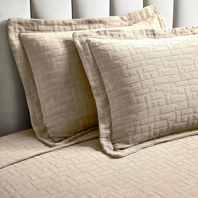Superior 3 Piece Cotton Bedspread and Sham Set, Home Bed Decor, Decorative Bed Spread, 2 Pillow Shams, Medium Weight, Geometric Matelasse Coverlet, Bedding Essentials, Madrid Collection, Queen, Beige