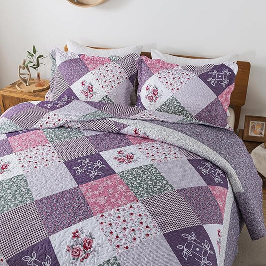 HoneiLife Queen Quilt Bedding Set - 3 Pieces Microfiber Quilt Sets Lightweight Bedspreads Reversible Coverlets Retro Bed Cover Floral Bedding Set All Season Quilts-Purple