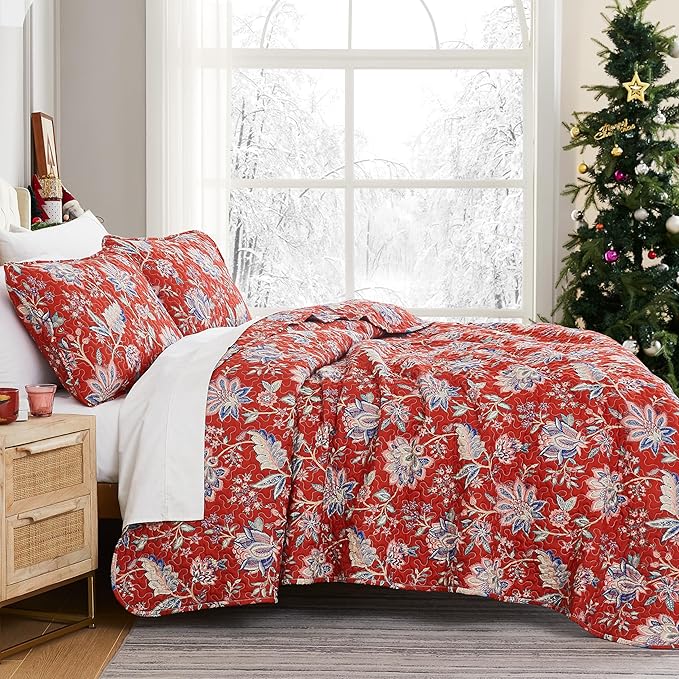Southshore Fine Living, Inc. Oversized Quilt Bedding Set, 2-Piece Twin XL Coverlet with Matching Sham, Jacobean Willow Floral Coverlet, All Season Quilt Bedspread, Lightweight Twin Quilts, Red