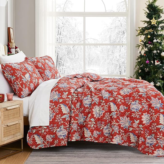 Southshore Fine Living, Inc. Oversized Full/Queen Quilt Bedding Set, Jacobean Willow Floral Quilt Set Queen or Full Size with 2 Matching Pillow Shams, Lightweight Bedspread, Soft and Cozy, Red