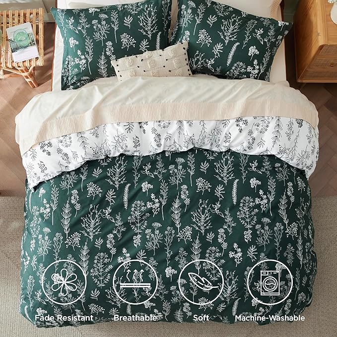 Bedsure Duvet Cover King Size - Reversible Emerald Green King Duvet Cover Set with Zipper Closure, 3 Pieces Floral Patterned Bedding Set with 8 Corner Ties and 2 Pillow Shams